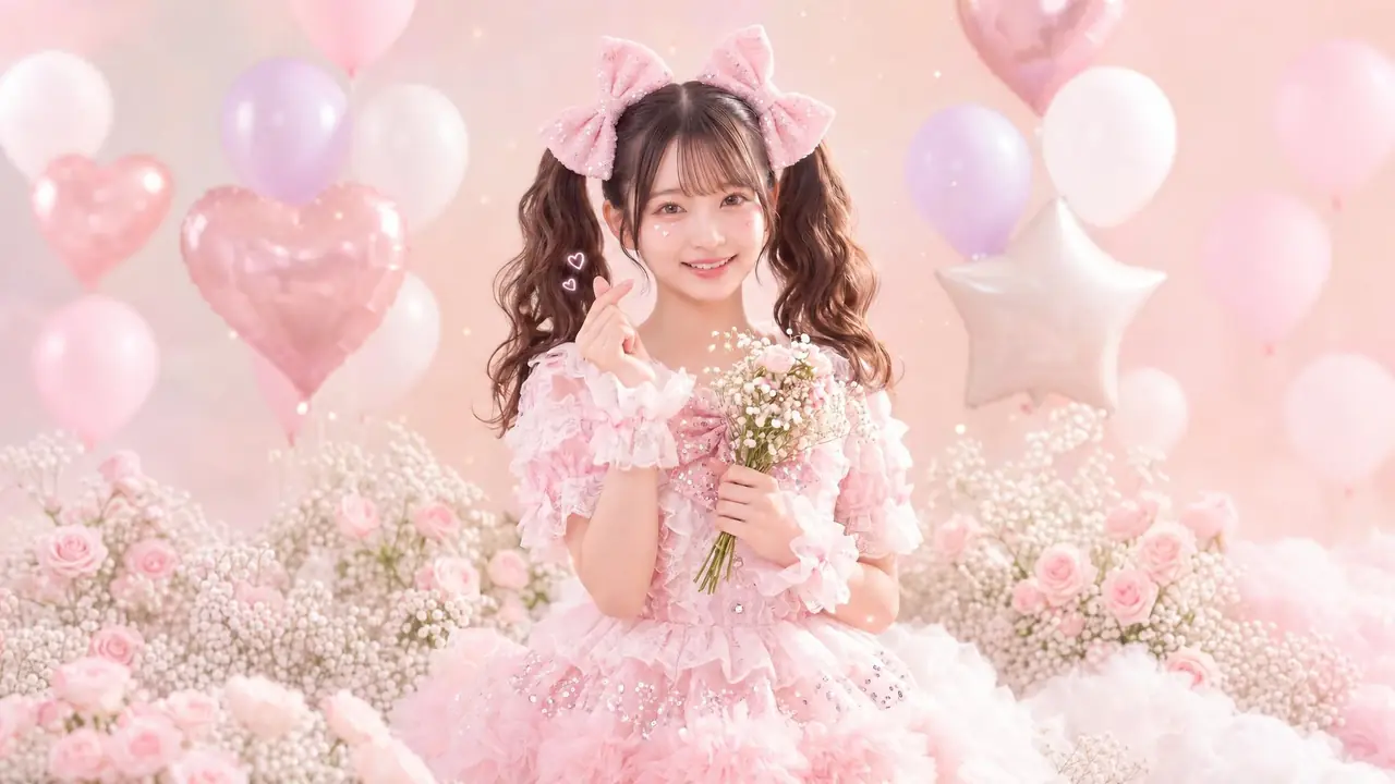 Rino in a frilly pink dress with sequinned bows in her hair, making a finger heart and holding a small bouquet among pastel balloons and roses